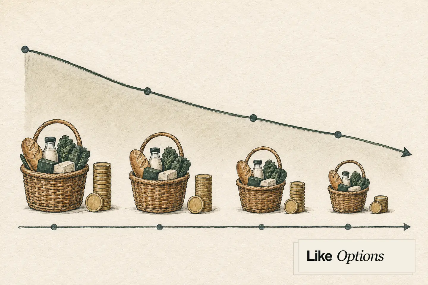 Baskets and purchasing power gradually receding along a timeline