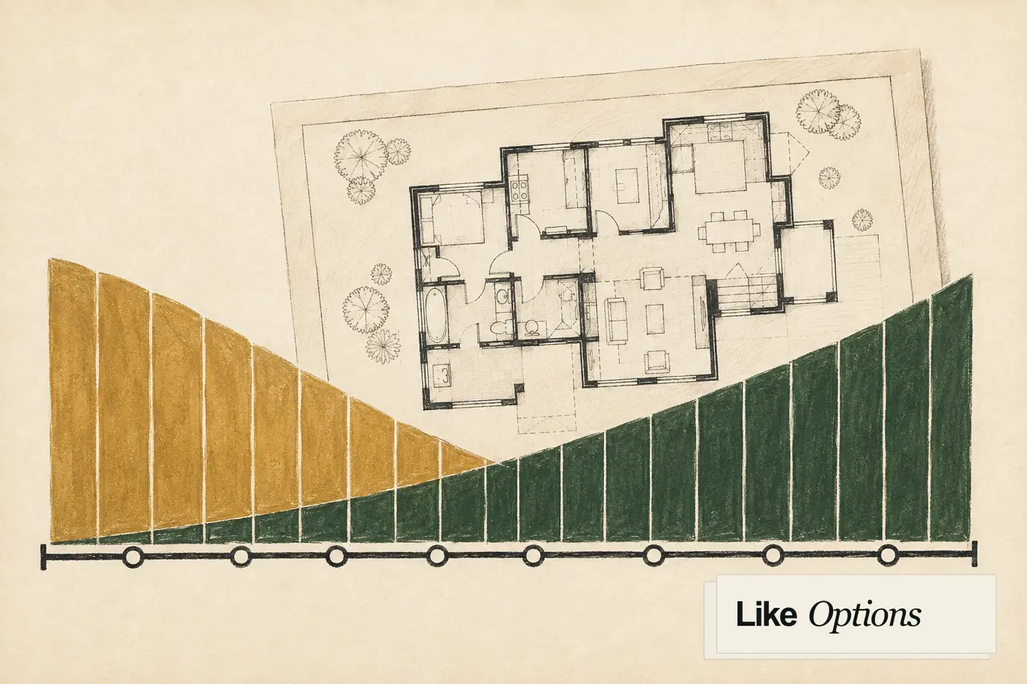 Mortgage amortization illustration transitioning from interest to principal